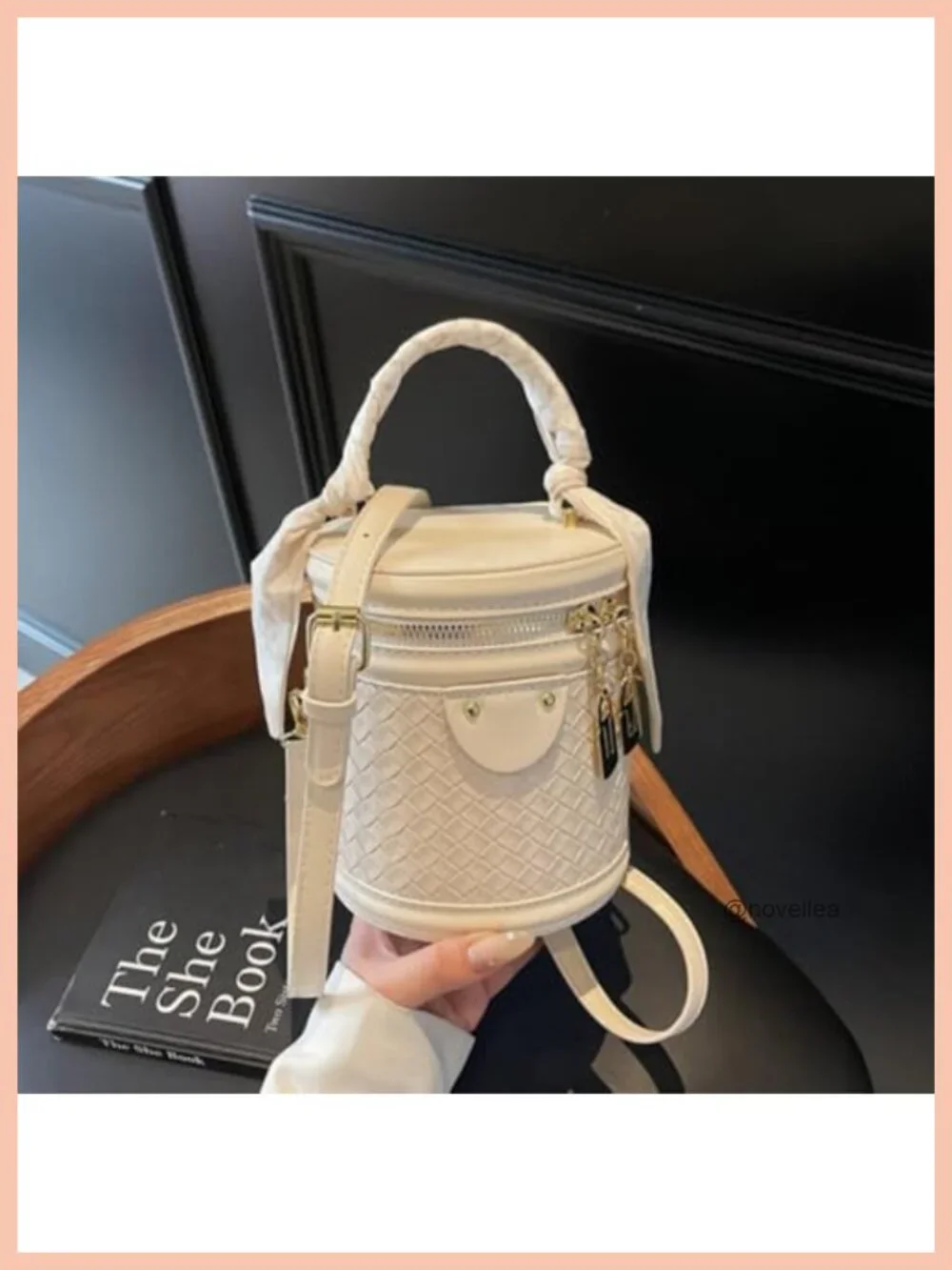 Women's Vegan Leather Woven Mini Bucket Crossbody Bag Purse with Scarf Handle